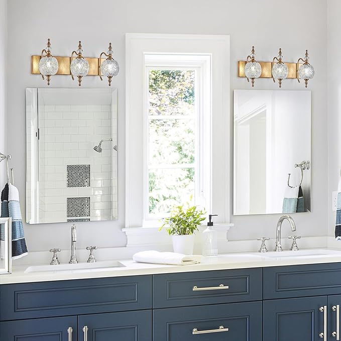 Vintage Bathroom Vanity Light Fixtures, 3 Lights Bathroom Wall Sconce Lighting Matte Brushed Antique Brass Finish with Crystal Glass Shade, Vintage Vanity Light for Bathroom Bedroom