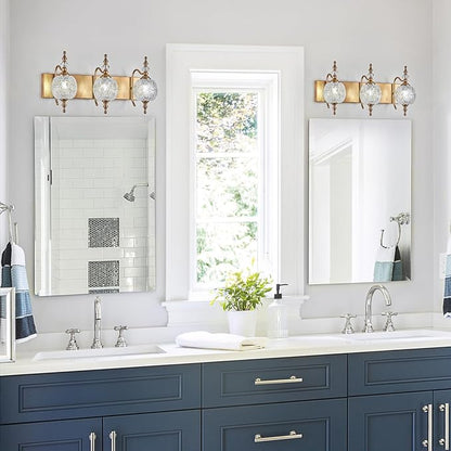 Vintage Bathroom Vanity Light Fixtures, 3 Lights Bathroom Wall Sconce Lighting Matte Brushed Antique Brass Finish with Crystal Glass Shade, Vintage Vanity Light for Bathroom Bedroom