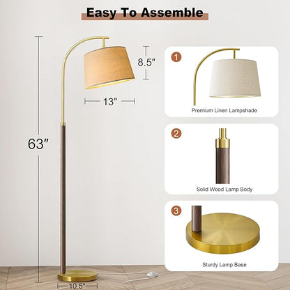 G-SAFAVA 63" Wood Floor Lamps for Living Room with Foot Switch Arc Tall Standing Lamp for Bedroom Mid Century Modern Corner Gold Floor Lamps for Office Nursery Industrial Reading Lamp, Walnut Brown