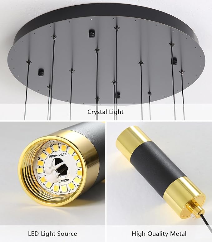 Modern 14.5ft LED Chandeliers for Living Room, Dining Room, Entryway - Dimmable Crystal Cylinder Pendant Lights