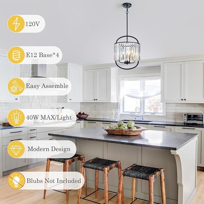 Black Crystal Pendant Light for Dining Room 12.8" Mini Luxury Crystal Chandelier 4-Light Small Modern Elegant Adjustable Chandelier for Bedroom Kitchen Island Hanging Ceiling Light Fixture