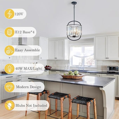 Black Crystal Pendant Light for Dining Room 12.8" Mini Luxury Crystal Chandelier 4-Light Small Modern Elegant Adjustable Chandelier for Bedroom Kitchen Island Hanging Ceiling Light Fixture