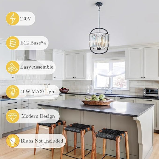 Black Crystal Pendant Light for Dining Room 12.8" Mini Luxury Crystal Chandelier 4-Light Small Modern Elegant Adjustable Chandelier for Bedroom Kitchen Island Hanging Ceiling Light Fixture