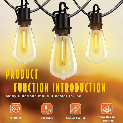 Outdoor Solar Waterproof Light String, 50FT Wire and 25+1 LED shatterproof Bulbs, dimmable Light Cannon with Remote Control, Suitable for Courtyard, Terrace, Balcony, Party Decoration Lighting
