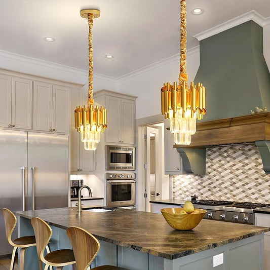 Modern Gold Crystal Chandelier 2-Tier Round Pendant Lighting Light Fixture Chandelier for Kitchen Island Entryway Bathroom BedHead Bedroom