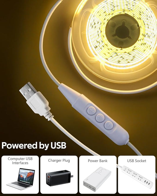 Aclorol USB COB LED Strip Lights Warm White LED TV Backlight 5V 3000K Dimmable LED Flexible Strip Light 9.84FT 960LEDS with 1.5M USB Cable for Bedroom Monitor Showcase Cabinet DIY Lighting CRI85+
