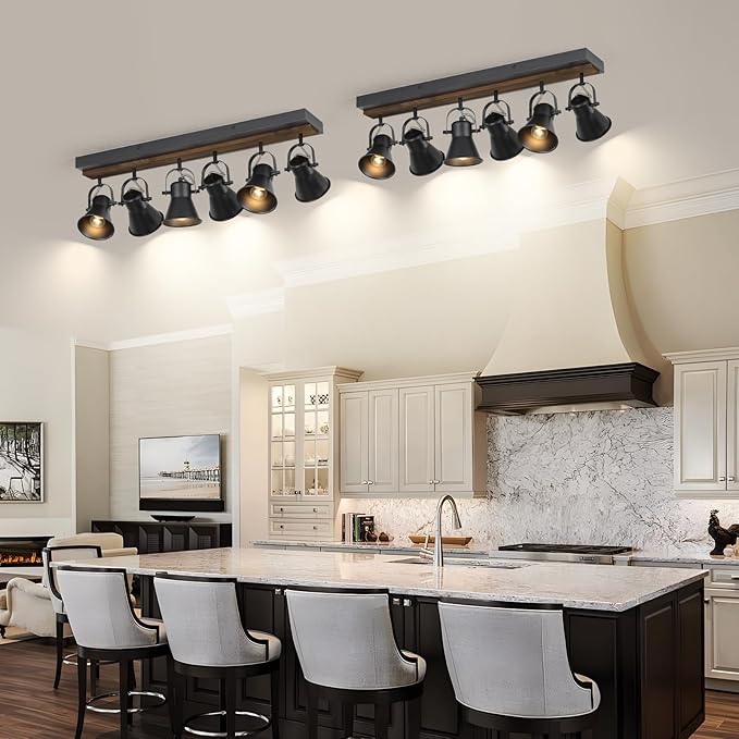 6-Light Track Light Fixtures Ceiling/Wall Mount, Adjustable Spotlight, Industrial Black Kitchen Lighting for Living Room, Dining Room, Hallway, Bathroom