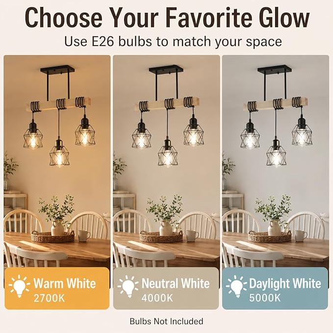 3 Light Farmhouse Ceiling Light,Pendant Light Kitchen Island,Dining Room Chandelier Light Fixture Over Table,Rustic Hanging Light for Kithen,Dining Room,Real Wood,Black Metal Cage
