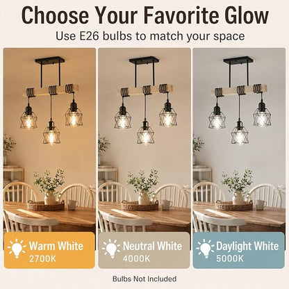 3 Light Farmhouse Ceiling Light,Pendant Light Kitchen Island,Dining Room Chandelier Light Fixture Over Table,Rustic Hanging Light for Kithen,Dining Room,Real Wood,Black Metal Cage