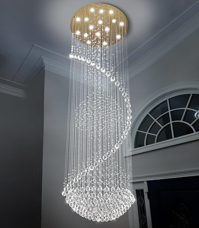 D40'' x H120'' Crystal Chandelier High Ceiling Chandeliers for Staircaes Large Raindrop Chandeliers LED Dimmable Flush Mount Light Fixtures for Foyer Hallway Entryway LED Bulbs Included Gold