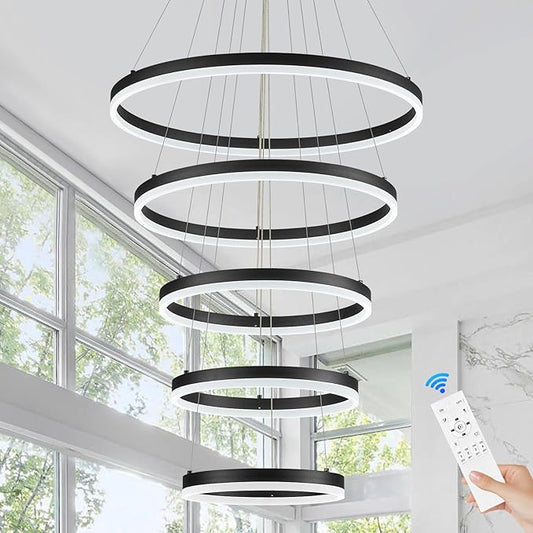 Benkut 5-Rings Modern LED Chandelier Black High Ceiling Chandelier with Remote Control Dimmable Pendant Lighting for Dining Room Foyer Living Room Entryway Staircase(3000K-6500K, D23.6in)