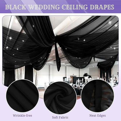 6 Panels Black Ceiling Drapes for Wedding 5ftx10ft Chiffon Fabric Arch Draping Curtains Sheer Drapery for Party Ceremony Birthday Baby Shower Reception Stage Swag Ceiling Decorations