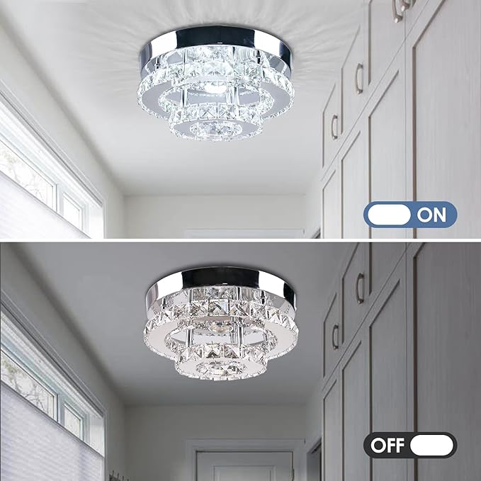 Modern Crystal Flush Mount Chandelier Two Layers Crystal Chandeliers LED Ceiling Light Fixture Mini Chandeliers with Crystals Hallway Light Bedroom Chandelier for Bathroom Kitchen Office