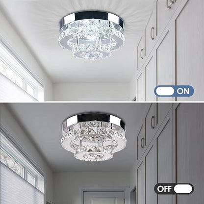 Modern Crystal Flush Mount Chandelier Two Layers Crystal Chandeliers LED Ceiling Light Fixture Mini Chandeliers with Crystals Hallway Light Bedroom Chandelier for Bathroom Kitchen Office
