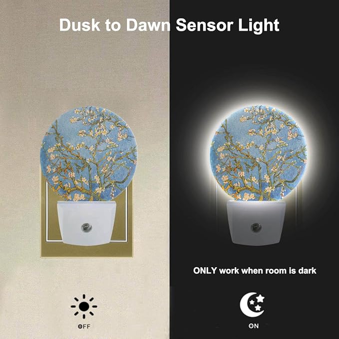 EKOBLA Van Gogh Almond Blossom Plug-in Night Light, Floral Painting LED Nightlight with Sensor, 0.5W Sleep Friendly