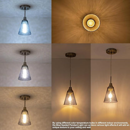 Viinew Mini Glass Pendant Light,5.9" Horn Shape Dark Blue Glass Hanging Light,1-Pack Handblown Clear Blue Seeded Shade Adjustable Cord Ceiling Light Fixture for Kitchen Island Sink