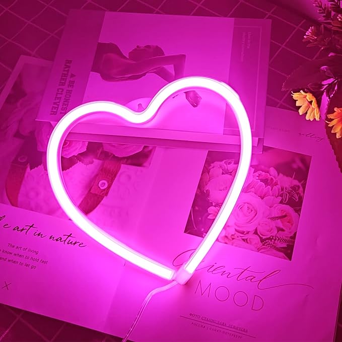 Pink Heart Neon Sign for Bedroom Decoration, Heart Led Light Sign 8.7×8.7 In Battery/USB Powered Romantic Love Hearts Neon Light for Wall Decor Art Kids Girl Room Wedding Party Valentine's Day Prsent