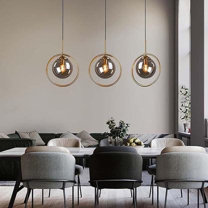 Pendant Light Modern Minimalist Hanging Lamp with Spherical Glass Shade and Brass Metal Ring Adjustable Height for Dining Room Bedroom Living Room (Smoke Grey)