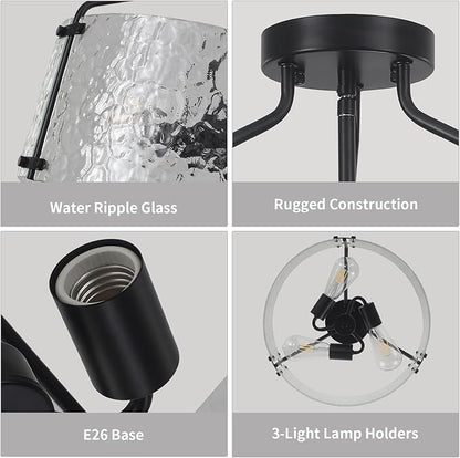 Semi Flush Mount Ceiling Light Fixture 16''Glass Chandelier Kitchen Lighting Fixtures Ceiling 3-Light Black Chandelier Hallway Light Fixture for Foyer Porch Bedroom Laundry Room