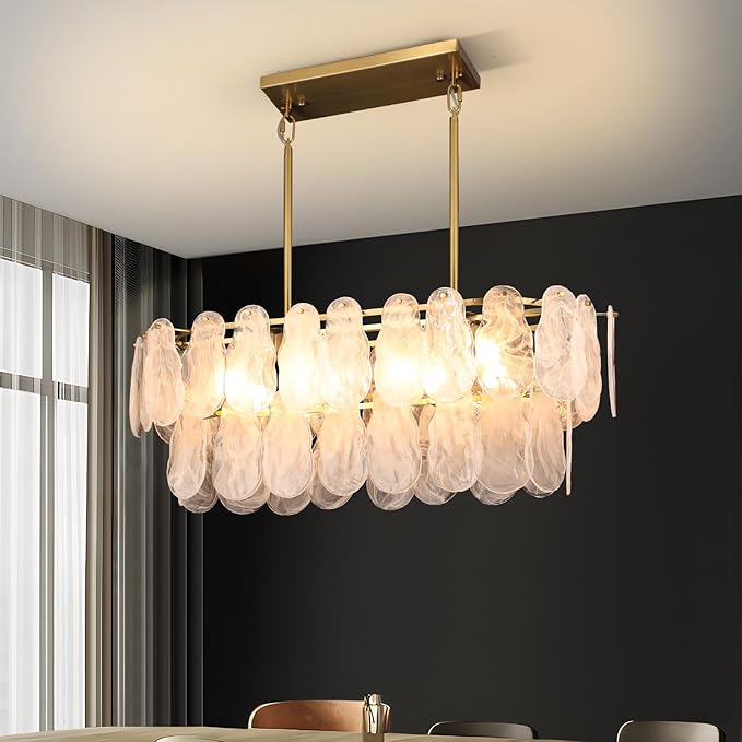 Gold Crystal Chandelier Rectangular Pendant Lighting 8-Light Crystal Chandeliers for Kitchen Island Cloud Glass 2-Tier Light Fixture for Dining Room, Living Room, Kitchen