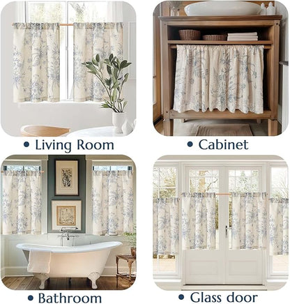 jinchan Half Window Curtains Small Drapes for Kitchen 36 Inch Rustic Floral Tier Curtains Farmhouse Butterfly Cafe Small Window Treatment for Dining Room Bathroom 2 Panels Blue on Beige