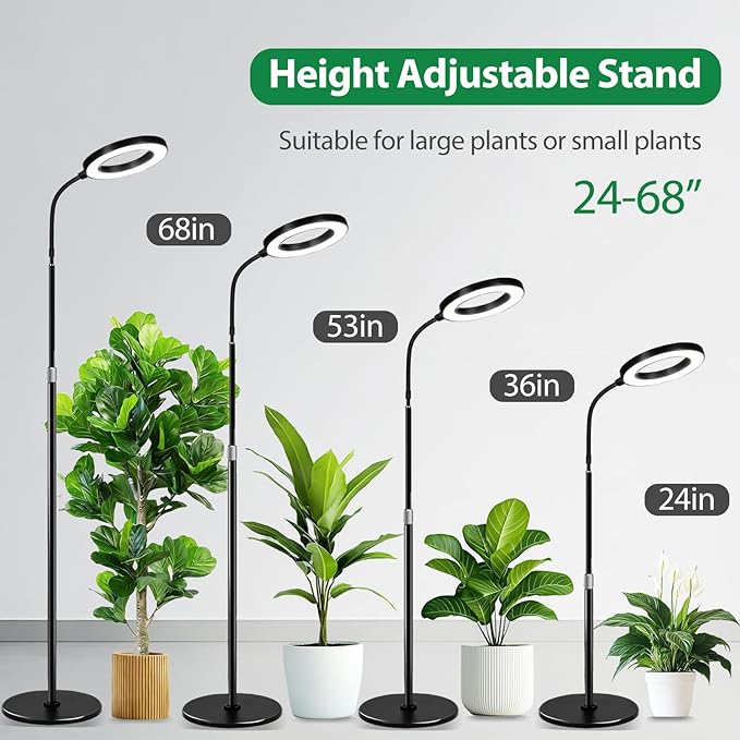 Plant Lights for Indoor Growing, Standing Grow Lights for Indoor Plants, 20w Full Spectrum LED Grow Lamp for Indoor Plants,3/9/12 h Timer,10 Brightness,68" Height Adjustable, Black