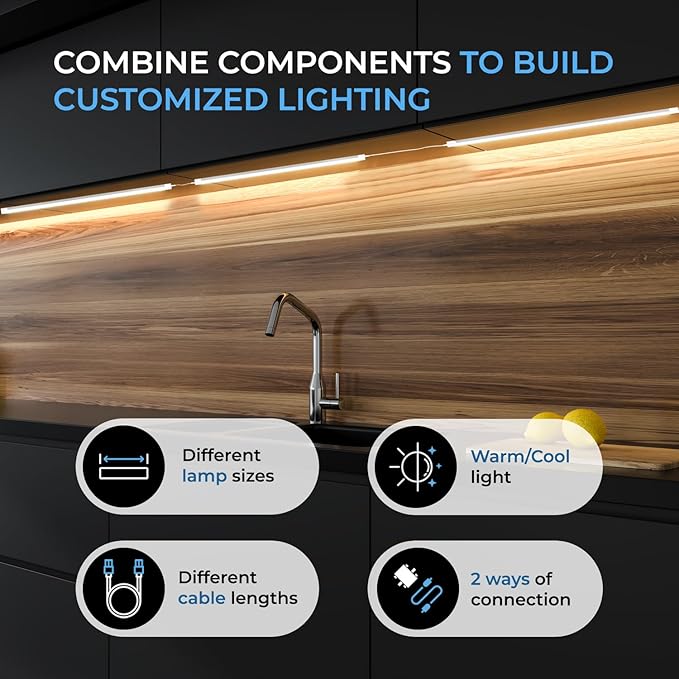 EShine Hand Wave Activated Under Cabinet LED Lighting Kit, Dimmable, 12-Pack 12 in - Touchless Dimming Control, Black Under Counter Lights for Kitchen, Garage, Office, Desk - Warm White (3000K)