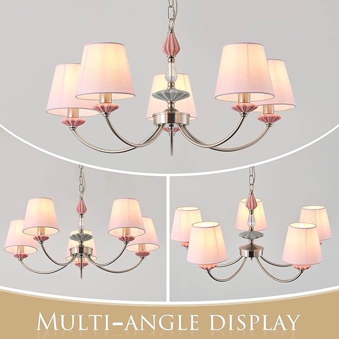 Pink Chandelier for Bedroom Light Fixture，Brushed Nickel Art Deco Chandelier with Fabric Shade,Antique Modern Chandeliers paired with Ceramic for Girls Bedroom，Living Room，Dining Room