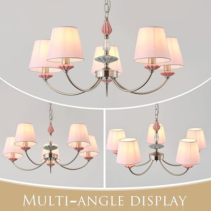 Pink Chandelier for Bedroom Light Fixture，Brushed Nickel Art Deco Chandelier with Fabric Shade,Antique Modern Chandeliers paired with Ceramic for Girls Bedroom，Living Room，Dining Room