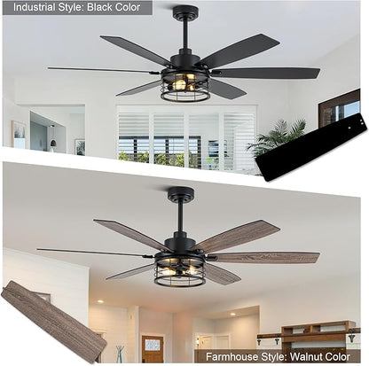 Farmhouse Ceiling Fan with Lights and Remote Large Rustic Ceiling Fan Caged Fandelier Industrial Chandelier Light, Reversible Quiet DC Motor 6 Speed for Indoor Outdoor (Industrial, 60 Inch)