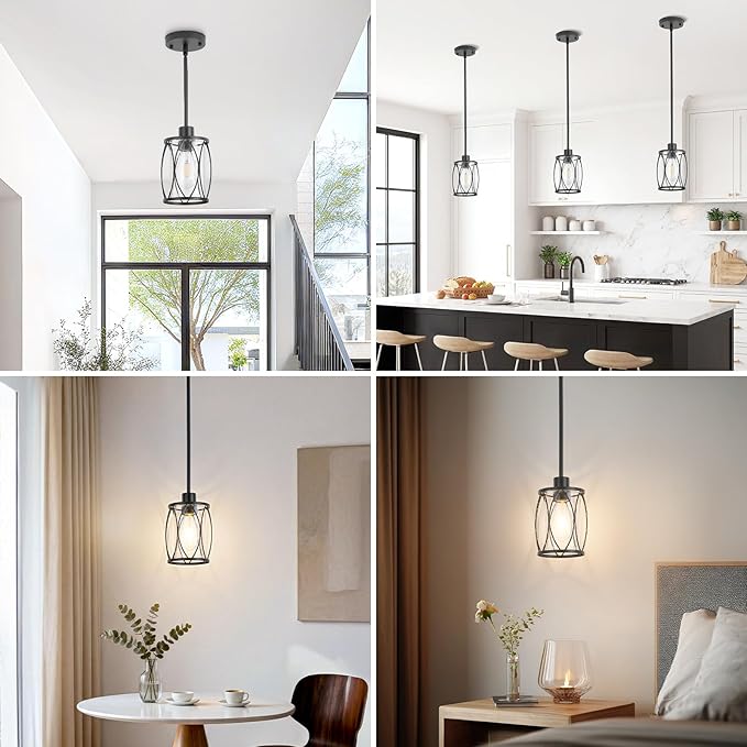 Glass Pendant Lights Kitchen Island Black Pendant Light Fixtures Adjustable Farmhouse Mini Hanging Light with Clear Glass for Sink Dining Room Foyer Entryway Bar, 2 Pack