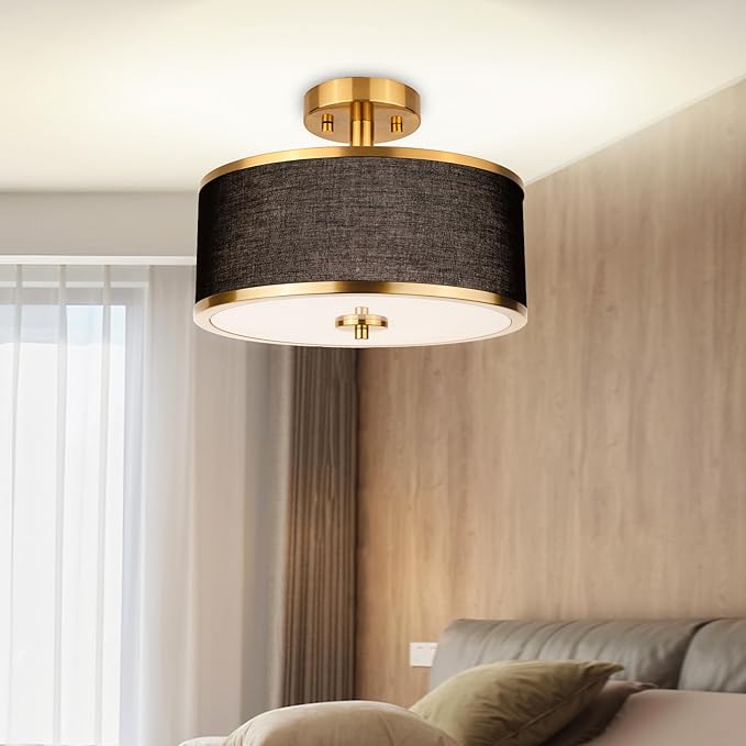 Edwarmlux 3-Light Semi Flush Mount Ceiling Light Fixture, 12.6" Gold Drum Light with Black Fabric Shade, Modern Close to Ceiling Light for Living Room Bedroom Dining Room Kitchen Hallway Entry Foyer