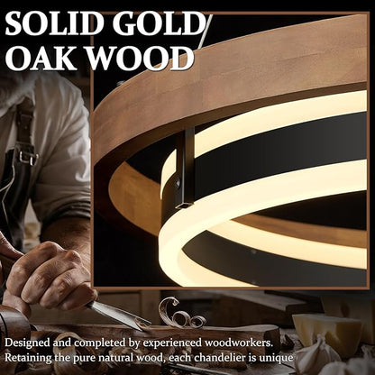 LED Ring Chandelier 24in Solid Gold Oak Wood Chandeliers Dimmable Black Chandeliers Modern Round Chandelier Light for Living Room Dining Room Kitchen Island Bedroom Entry