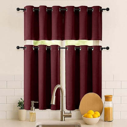 Simplebrand Burgundy Window Valance for Kitchen 14 Inches Long 2 Panels Set, Room Darkening Valance Curtains for Living Room, Grommet Short Privacy Kitchen Curtains for Bedroom Kids Room, 40Wx14L