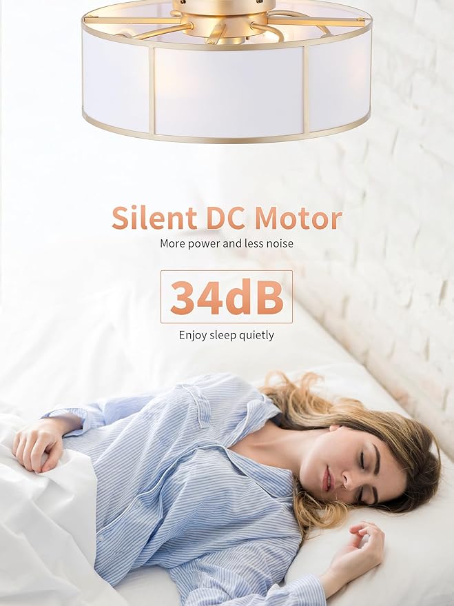 Low Profile Ceiling Fans with Lights, 20" Flush Mount Ceiling Fan with Light, Gold and White Boho Bladeless with 6 Speeds Remote Control for Bedroom, Nursery, Living Room