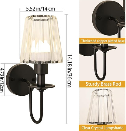 Battery Operated Wall Sconces Set of 2 – 5200mAh Rechargeable Crystal Glass, 15 Colors & 10-Level Dimmable, Wireless Wall Lights for Living Room & Bedroom,Black