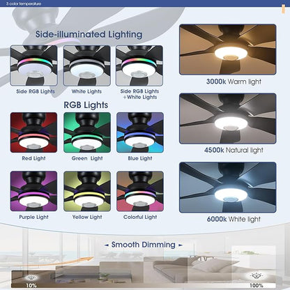 Kviflon 46" Ceiling Fans with RGB Lights Remote/APP Control, Low Profile, 3 CCT Dimmable White Lights+RGB Ring Lights+Music Player, 5 Reversible Plastic Blades 6 Speeds for Kidsroom, Black