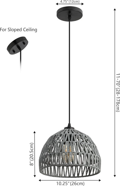 JONATHAN Y 10.25" Gray Modern Bohemian Woven Rope LED Pendant Light Fixture, Adjustable Dome Ceiling Lamp for Kitchen Island, Rope Shade, Coastal Farmhouse Decor (JYL6513D)