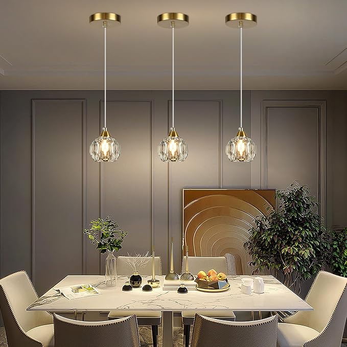 Weesalife Crystal Chandeliers for Dining Room Lights Fixture Over Table, 3 Pack Gold Modern Pendant Light Fixture，Crystal Pendant Lighting for Kitchen Island Bathroom Bar