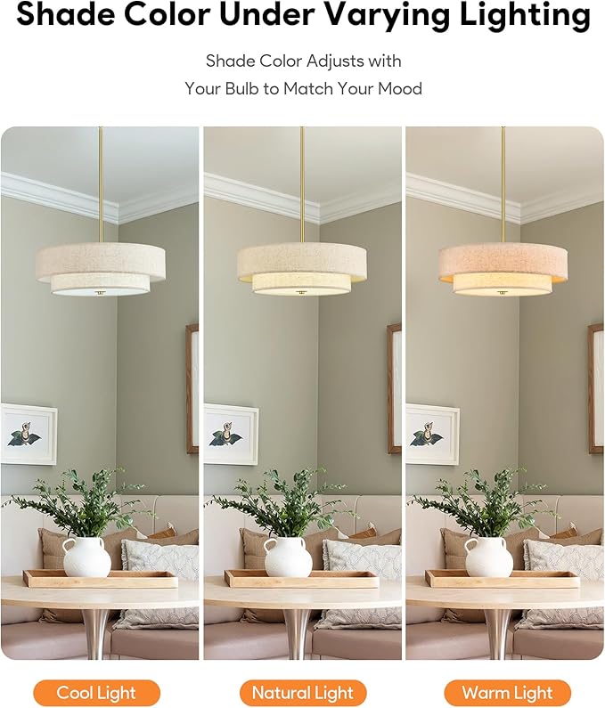 VONLUCE Modern Chandeliers, 18" Drum Chandeliers with 2-Layer Fabric Shade, 4-Light Pendant Light Fixture with E26 Bases, Light Fixture for Dining Room Bedroom Living Room, Linen Shade & Brass Finish