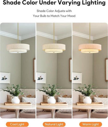 VONLUCE Modern Chandeliers, 18" Drum Chandeliers with 2-Layer Fabric Shade, 4-Light Pendant Light Fixture with E26 Bases, Light Fixture for Dining Room Bedroom Living Room, Linen Shade & Brass Finish