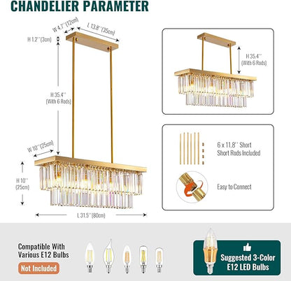 Siljoy Rectangular Gold Crystal Chandelier for Dining Room, 8-Light Modern K9 Crystal Raindrop Chandelier, Luxury Crystal Ceiling Light for Living Room Kitchen Island L31.5'' x W10'' x H10''