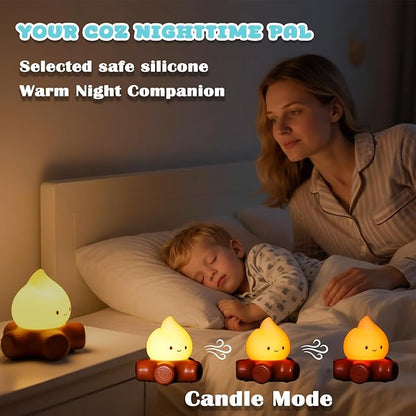 Campfire Night Light, 5 White Noise Mode, Cute Bonfire Gifts, Silicone Night Light with Candle Mode, Rechargeable Bedroom Decor, Gift for Children, Teens, Adults, Halloween, Christmas & Birthdays