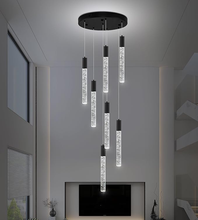 7-Lights High Ceiling Crystal Chandelier, Modern LED Raindrop Pendant Light Fixture 60" H Flush Mount Chandelier Black for Foyer Staircase Living Room