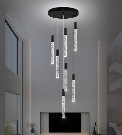 7-Lights High Ceiling Crystal Chandelier, Modern LED Raindrop Pendant Light Fixture 60" H Flush Mount Chandelier Black for Foyer Staircase Living Room