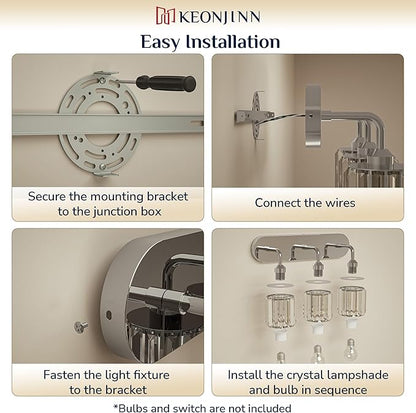 Keonjinn 3-Light Chrome Bathroom Light Fixtures, Crystal Bathroom Vanity Lights Over Mirror, Chrome Vanity Lighting Fixtures with Crystal Square Shades (E26 Base, Exclude Bulb)