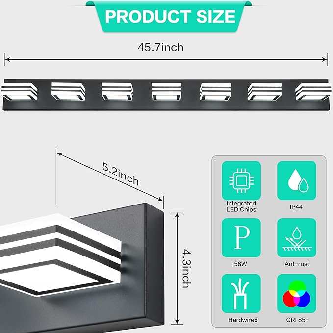 SOLFART LED Modern Vanity Lights Fixtures: 7 Lights Acrylic Matte Black Modern Bathroom Wall Light Over Mirror 46inch