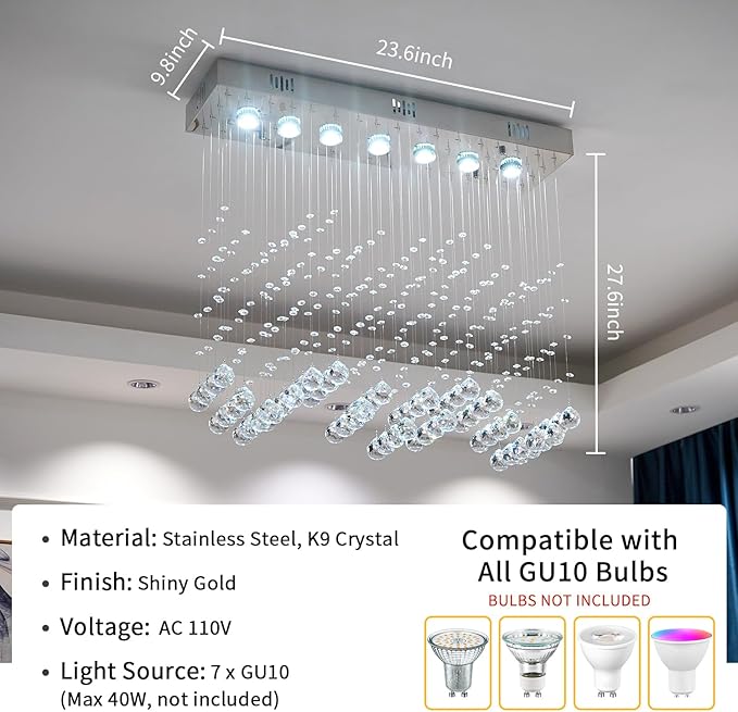 Crystal Chandelier Modern Chandelier 7-Light Rectangular Deluxe Wave Chandelier Ceiling Light Fixture Raindrop Chrome Flush Mount Pendant Lamp for Kitchen Island Bedroom Dining Room