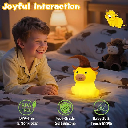 OkiyiD Highland Cow Night Light, Cute Animal Silicone Touch Cow Lamp, Highland Cow Gifts for Boys Girls Women Christmas, Dimmable Soft Glow Bedside Lamp for Nursery Bedroom Decor