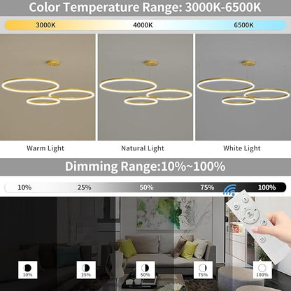 Mikeru Modern 3 Ring Chandelier Light, LED Pendant Light Fixtures with Remote Control 3000k-6500K Adjustable Color Temperature Light for Living Room, Bedroom, Kitchen（15.7+23.6+31.5IN）